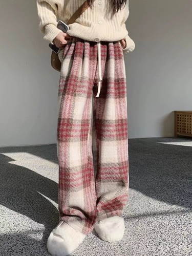 Original red plaid trousers for women spring and autumn new high-waisted loose casual narrow-edition woolen wide-leg trousers