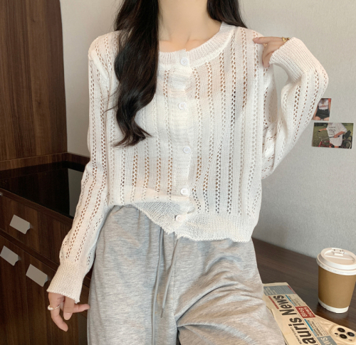 Real shot of knitted cardigan for women, thin hollow long-sleeved sun protection blouse, air-conditioning shirt top with small fragrance