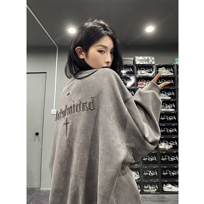 Sweatshirt trendy brand women's suede heavy letter embroidered top vintage round neck high street retro jacket spring