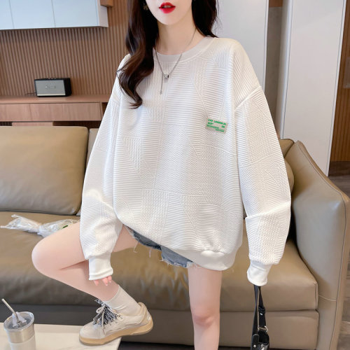 Real shot of jacquard plus size women's spring and autumn thin long-sleeved sweatshirt for women Korean style loose slimming top internet celebrity