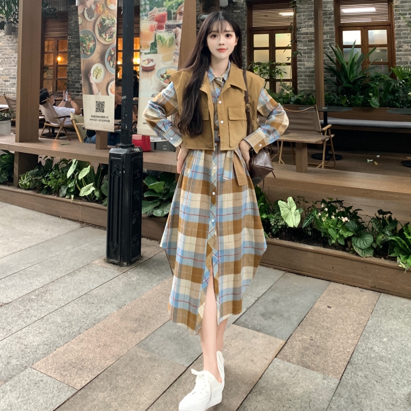 大碼女裝法式高級感長袖襯衫連衣裙套裝春秋小個子馬甲長裙兩件套
