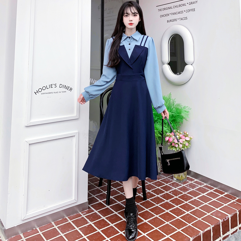 Plus size women's spring and autumn niche design Hepburn style French waist slimming splicing fake two-piece dress