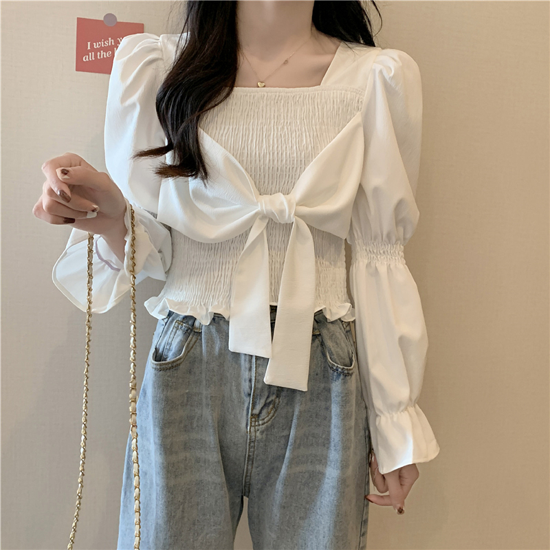Real shot of autumn and winter French square collar short shirt for women, slimming and age-reducing bow long-sleeved versatile top