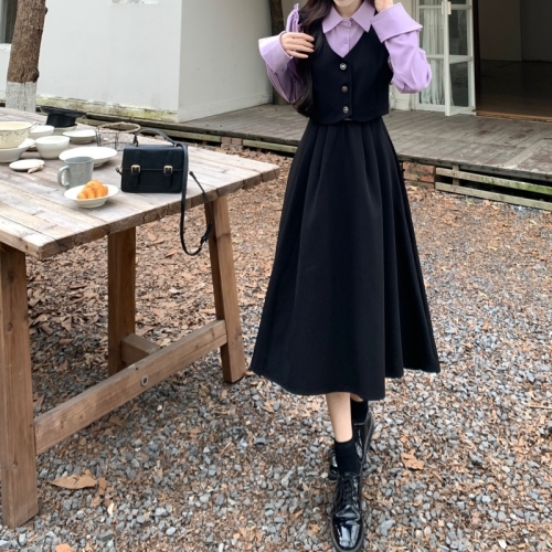 Plus size college style fake two-piece shirt collar long skirt retro dress spring and autumn French fat mm slimming skirt