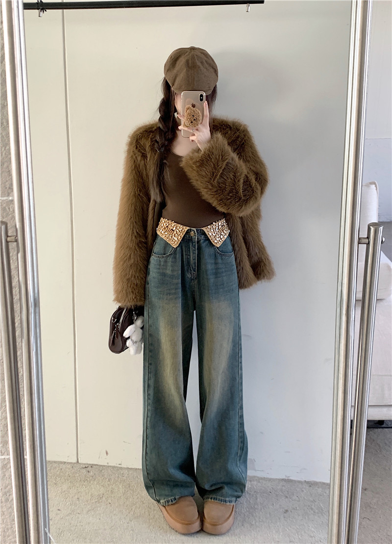 Real shot~plush cold brewed ice beads with heavy industrial design sense, flipped edge and diamond inlaid denim straight leg pants for women