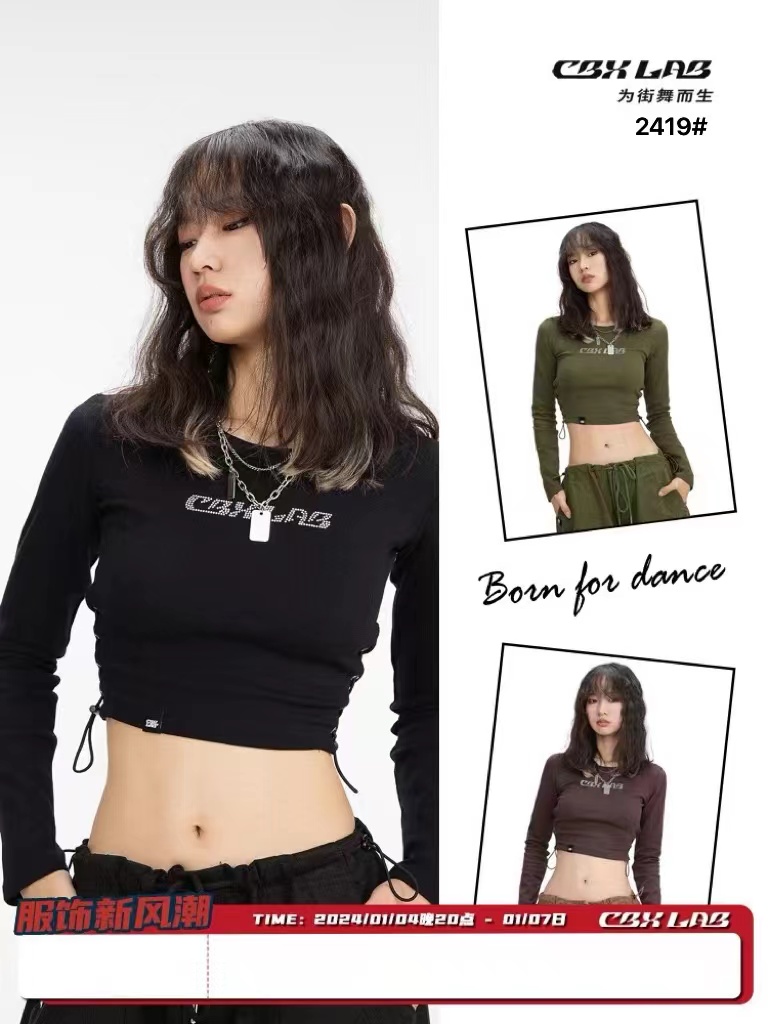 Summer and autumn American retro round neck slim fit long-sleeved tops versatile bottoming shirt T-shirt for women