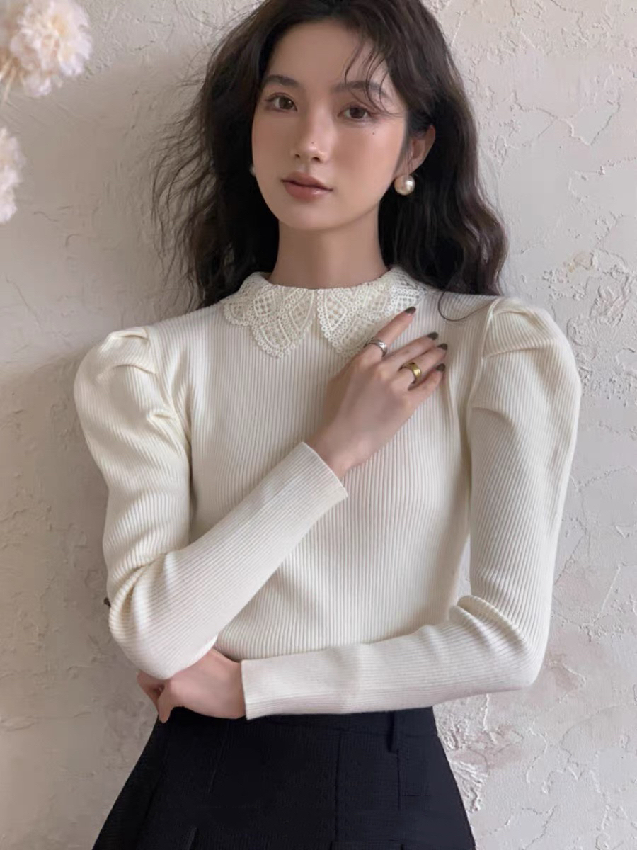 LELART 法式奶系溫柔蕾絲上衣高級感名媛泡泡袖修身針織衫內搭