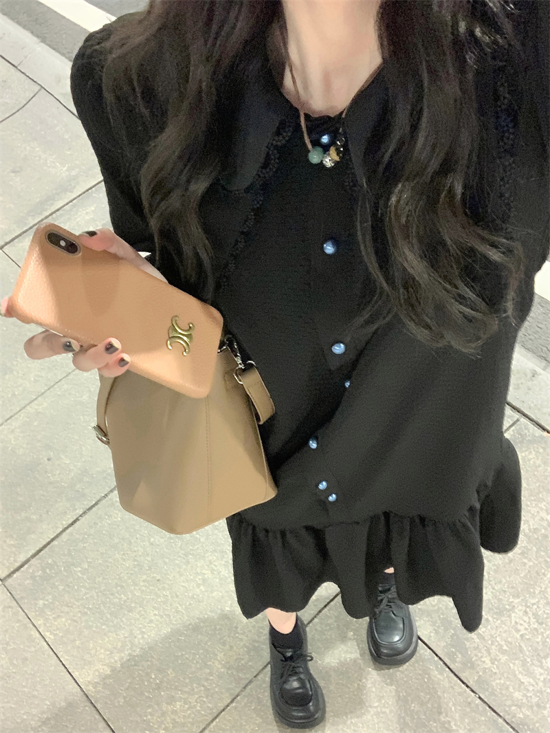 Actual shot #Spring new Hepburn style retro black long dress loose temperament niche shirt dress