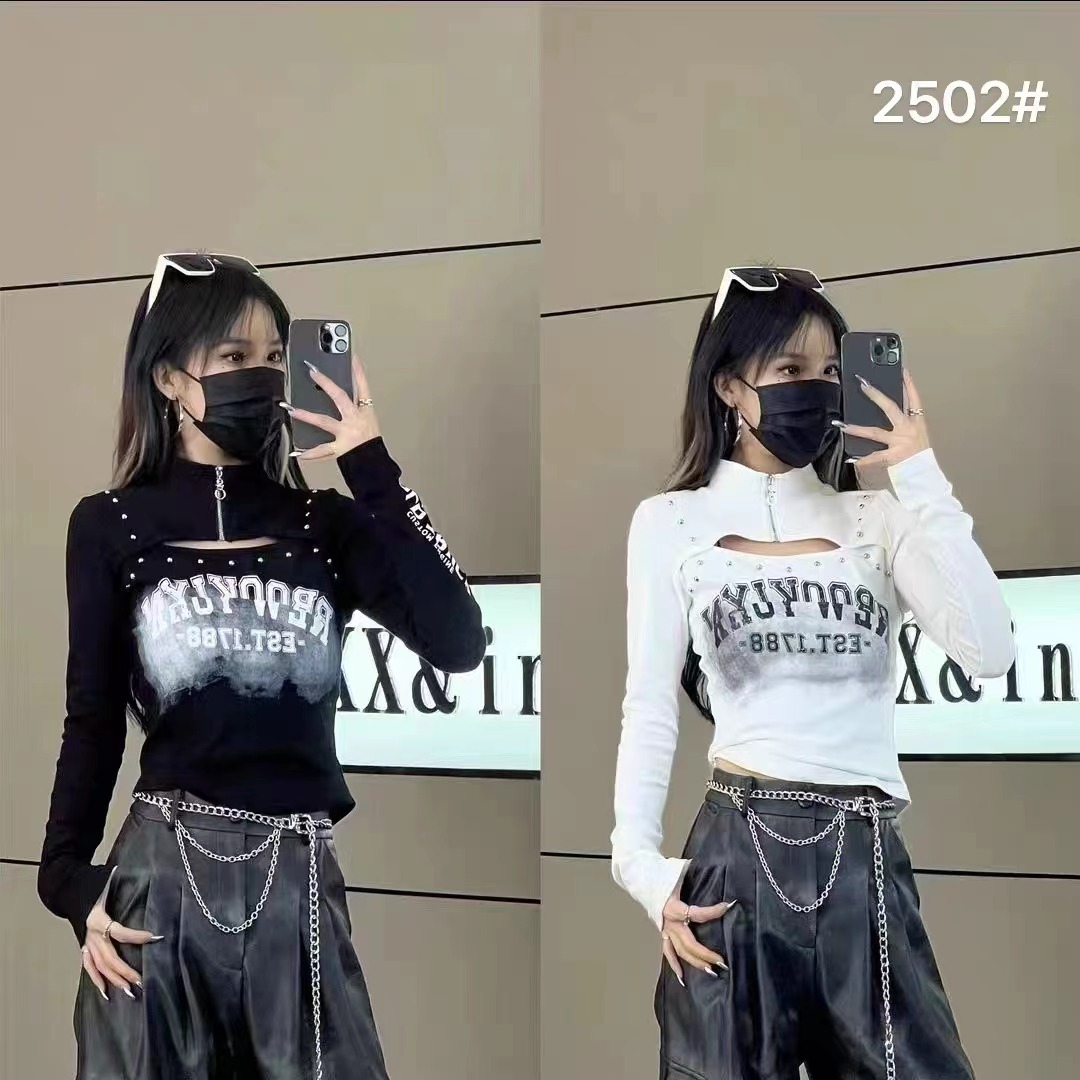 Letter printed collar zipper hollow design slimming versatile top for women spring wear American retro long-sleeved T-shirt