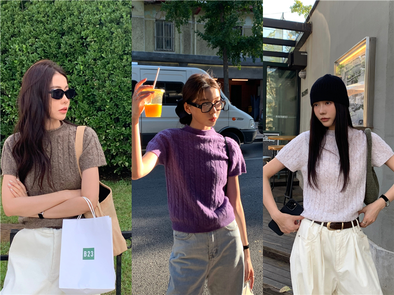 Actual shot Korean style versatile variegated half turtleneck twist short-sleeved multi-wear sweater