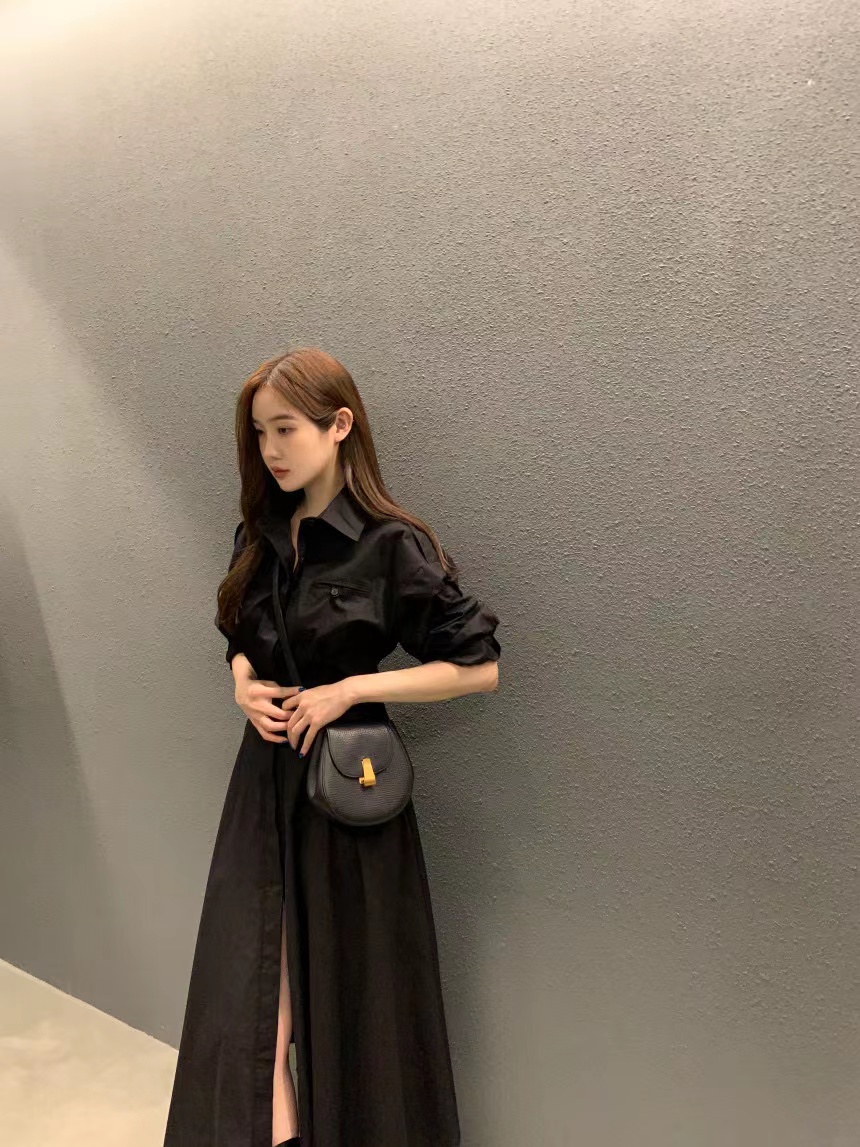 The size has been updated chic spring French lapel long-sleeved dress women's waist slimming shirt long skirt