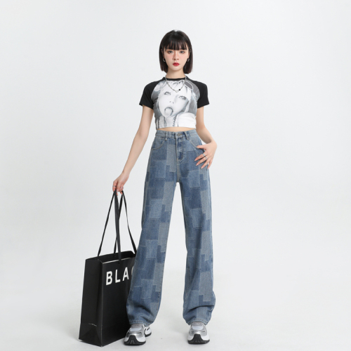 Realistic design sense, niche jacquard wide leg jeans, women's loose high waisted straight leg draping pants