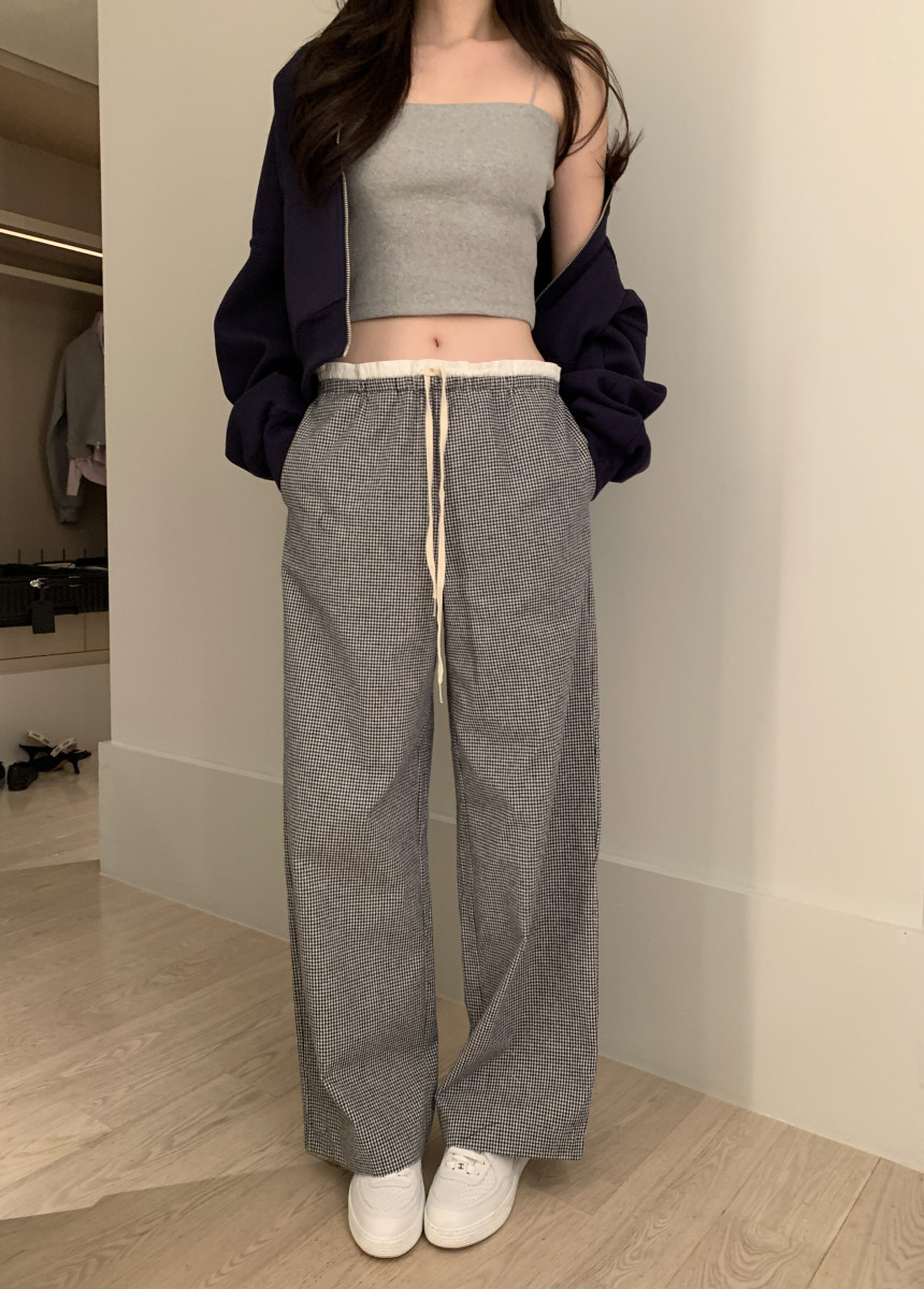 Korean chic spring new retro splicing drawstring plaid wide-leg pants casual pants