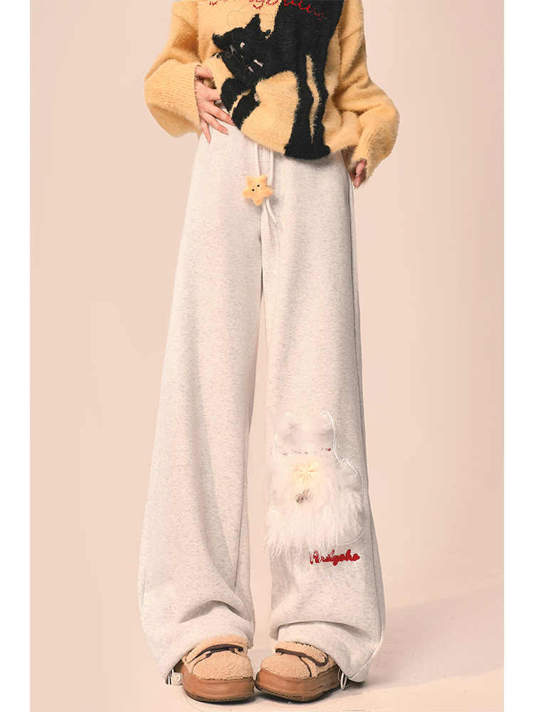 Winter thickened gray casual sweatpants for women spring and autumn new style plus velvet wide-leg cotton pants straight sports long pants winter