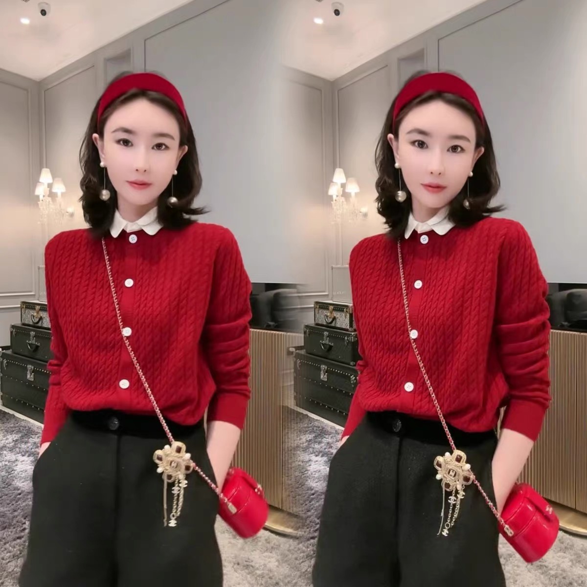 Yesha European station shirt collar sweater autumn and winter new age-reducing soft waxy wool twist sweater cardigan