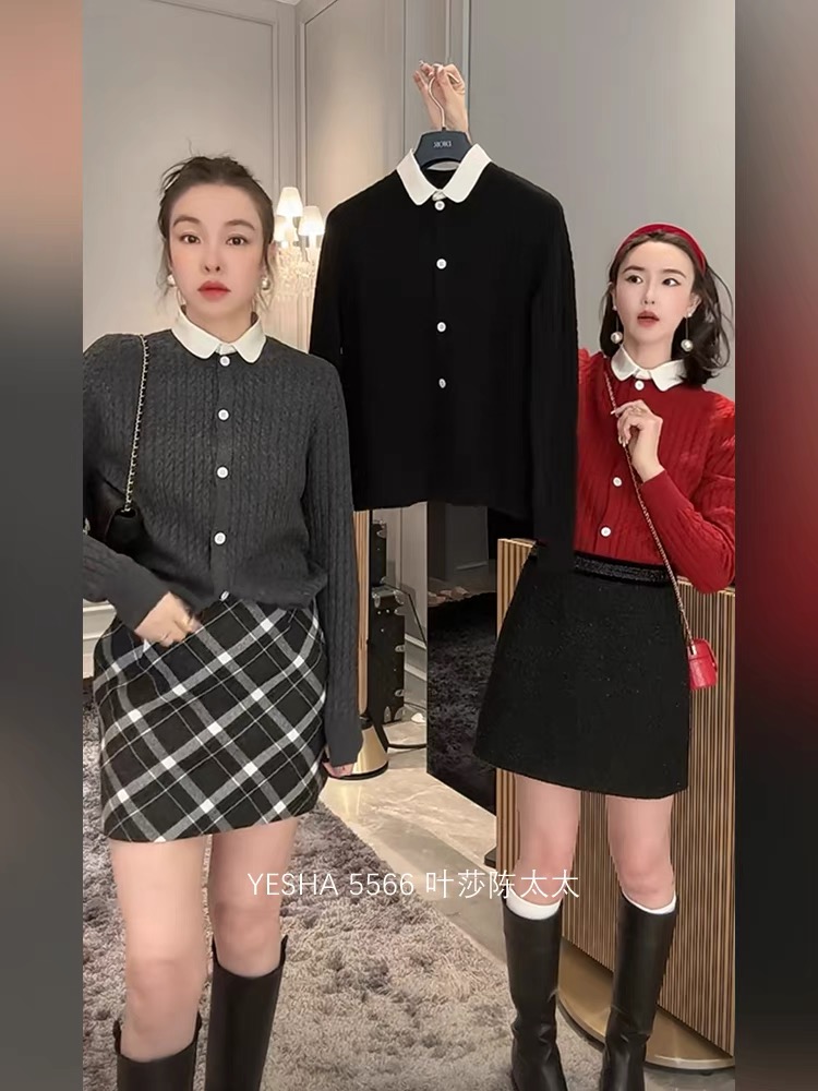 Fashionable lapel contrast color design niche knitted cardigan autumn and winter new soft waxy age-reducing twist red sweater for women