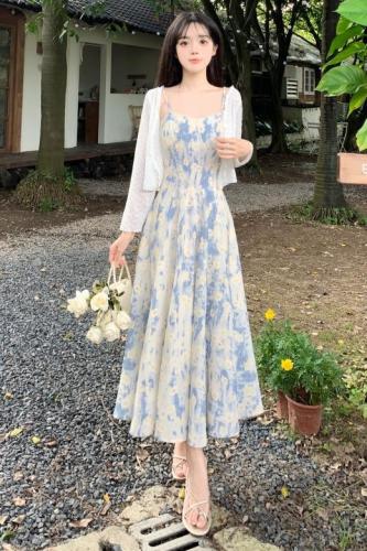 Plus size women's French blue oil painting long skirt beach skirt floral suspender dress spring fairy temperament and high-end sense