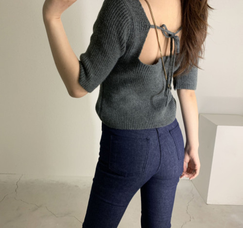尺码更新韩国chic春季新款法式方领露锁骨系带半袖毛衣