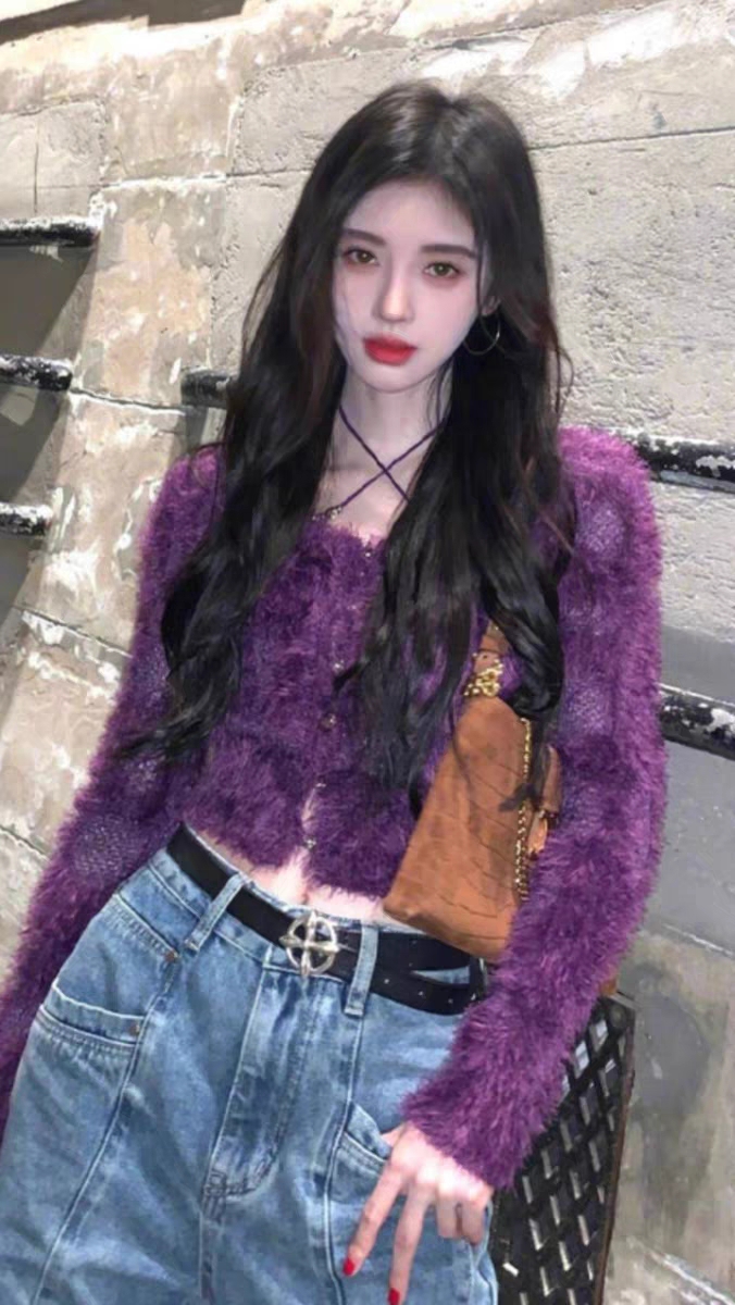 WooHa/吾哈秋冬季新款毛毛打底衫紫色毛衣短款紫葡萄少女
