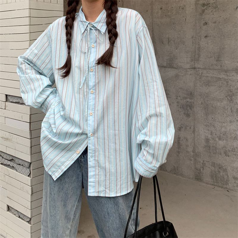 Real shot 2024 sea salt blue striped shirt women's niche shirt Korean style chic autumn top