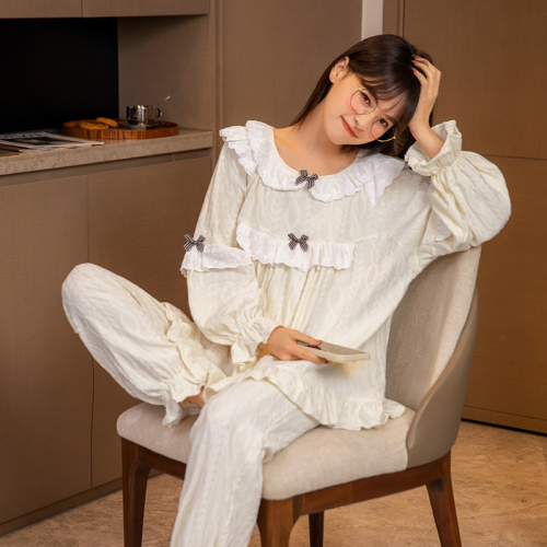 Doll Collar Bow 2024 Spring and Autumn Korean Version New Internet Celebrity Long Sleeve Long Pants Pajamas Women's Home Clothes Official Picture