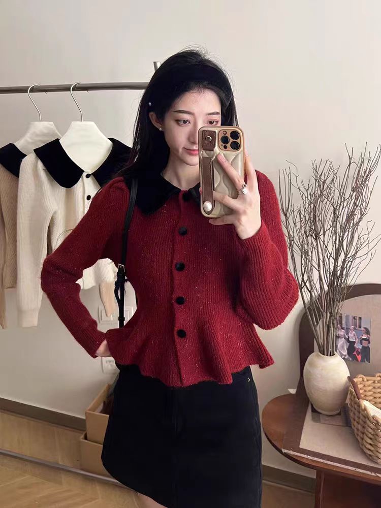 French gentle contrasting color lapel thickened sweater for women in autumn and winter waist-cinching temperament design bright silk red knitted cardigan