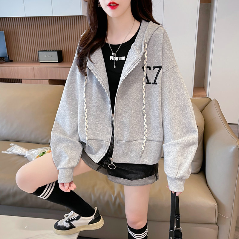 Actual shot of the first imitation Chinese cotton composite milk silk 320g autumn thin sweatshirt long-sleeved loose hooded jacket for women