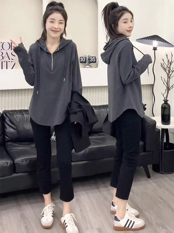 Shoulder bag collar 2024 spring new style loose curved large size women's zipper hooded T-shirt women's long-sleeved top
