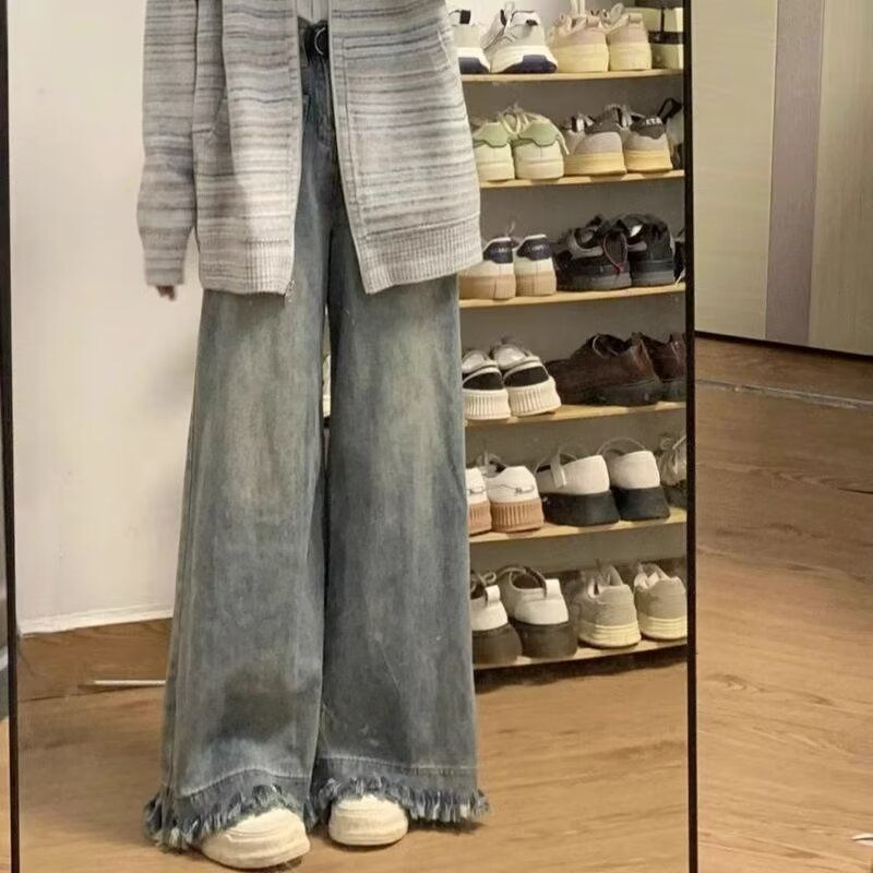 美式流蘇毛邊大闊腿牛仔褲女新款高腰寬鬆顯瘦拖地褲子