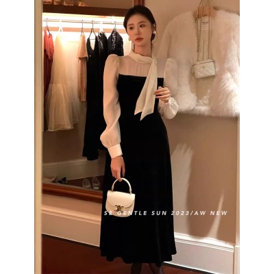 2024年新款高級感撞色絲絨連衣裙冬季聖誕晚禮服宴會長裙子女