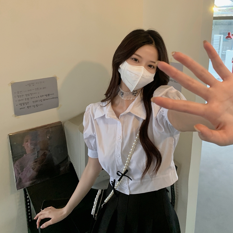 實拍 2024夏季新款泡泡袖襯衫女寬鬆百搭白色短款短袖上衣女
