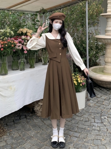 Plus size women's college style fake two-piece long-sleeved dress spring and autumn retro commuter pleated long skirt for small people