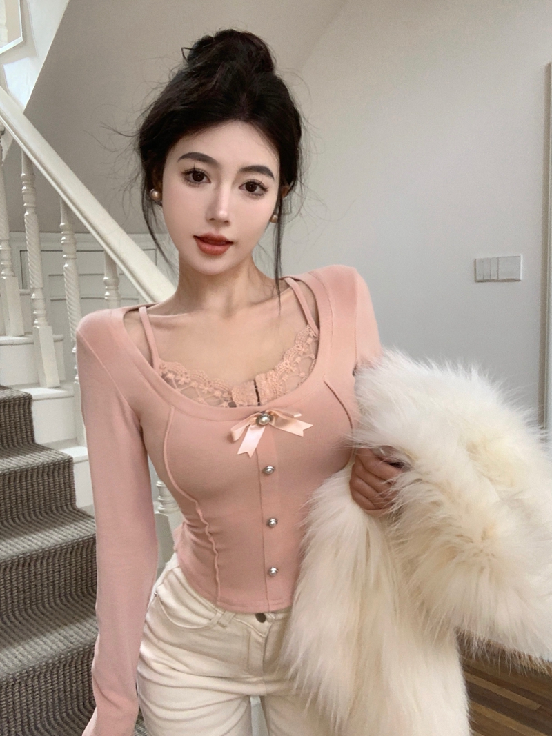 Real shot of girl's inner patchwork lace bottoming shirt for women autumn and winter bow warm fake two-piece long-sleeved top