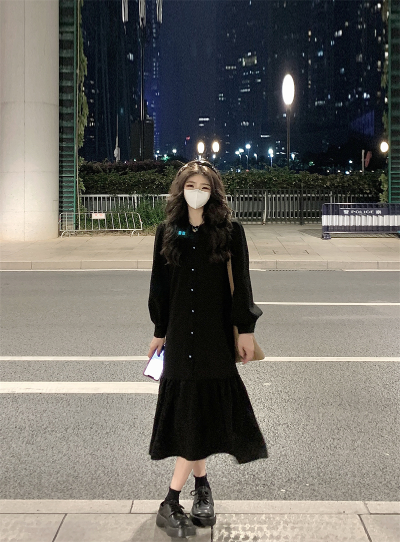 Actual shot #Spring new Hepburn style retro black long dress loose temperament niche shirt dress