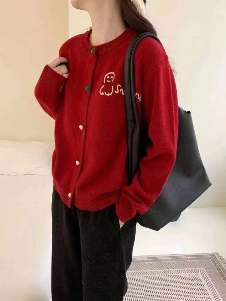 春裝新款紅色浣熊絨針織開衫女高級感軟糯內搭聖誕毛衣氛圍感上衣