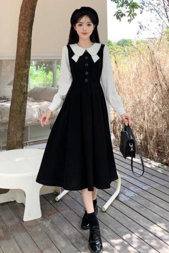 Plus size women's French high-end dress spring and autumn Korean style niche design temperament slimming fake two-piece shirt dress