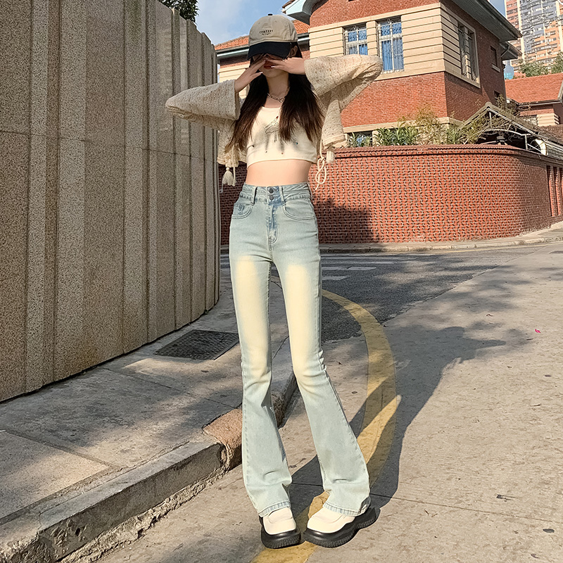 高質量水泥灰微喇牛仔褲女小個子美式復古高腰顯瘦喇叭長褲子