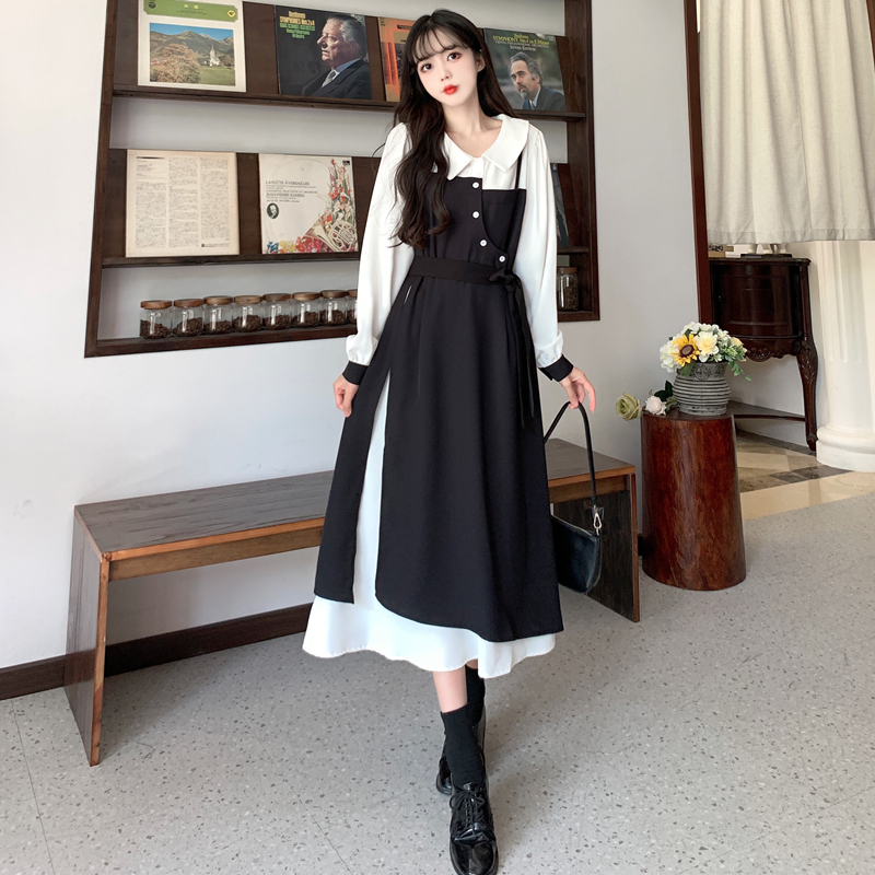Plus size women's French niche design dress spring and autumn fat mm irregular temperament Hepburn style A-line long skirt