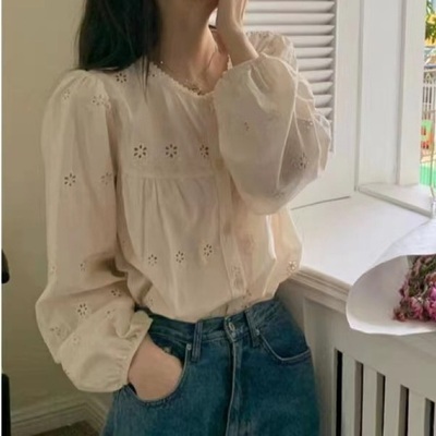 Korean ins style long-sleeved shirt spring and autumn new French retro hollow embroidery loose slimming top