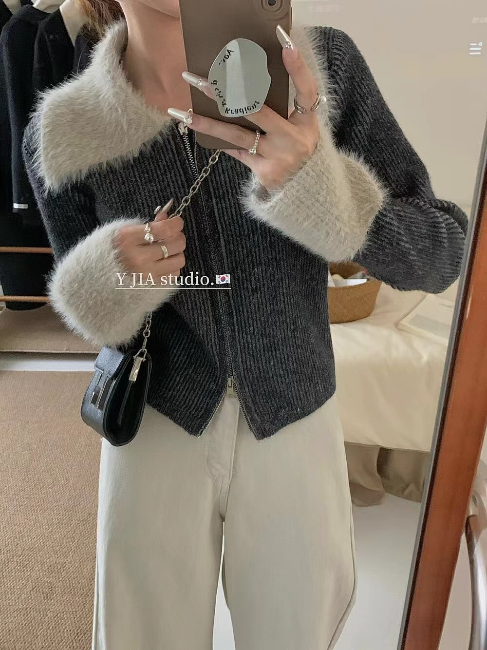 韓系撞色拼接毛領條紋雙拉鏈毛衣女冬款百搭保暖翻領長袖毛針織衫