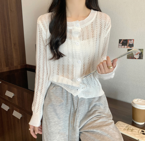 Real shot of knitted cardigan for women, thin hollow long-sleeved sun protection blouse, air-conditioning shirt top with small fragrance