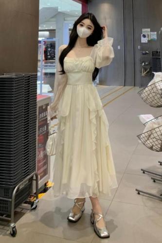 Plus size women's French square collar gentle fairy style long dress spring and autumn slimming belly-covering ruffled temperament long dress