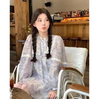 蕾絲拼接法式復古連衣裙女氣質娃娃裙溫柔初戀公主裙海邊度假短裙