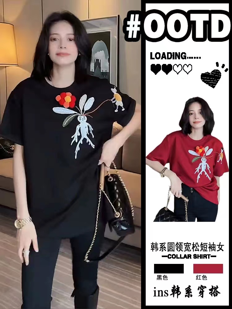 韓系圓領短袖T恤女2024新款休閒寬鬆小個子上衣刺繡印花百搭體恤