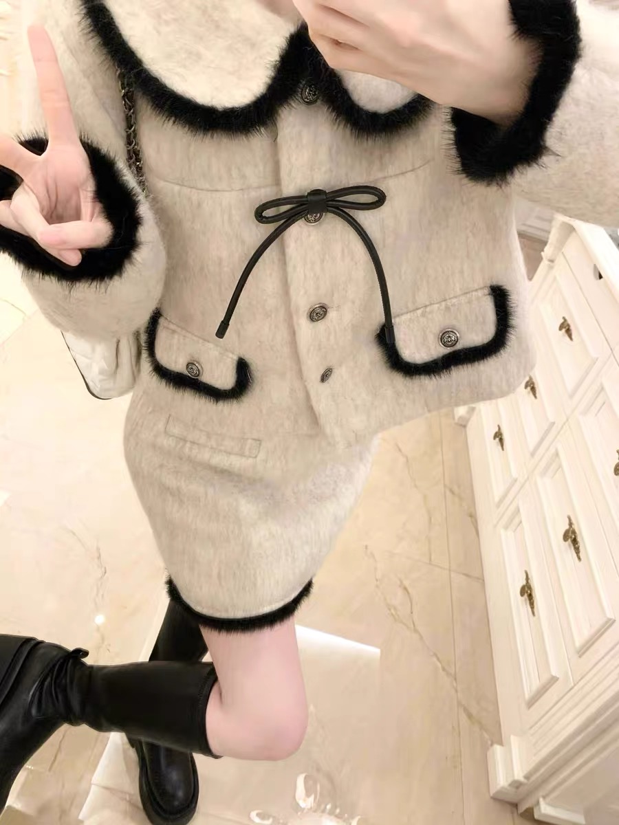 FanyFloss small fragrant bow striped doll collar short coat women's winter cotton wool two-piece set