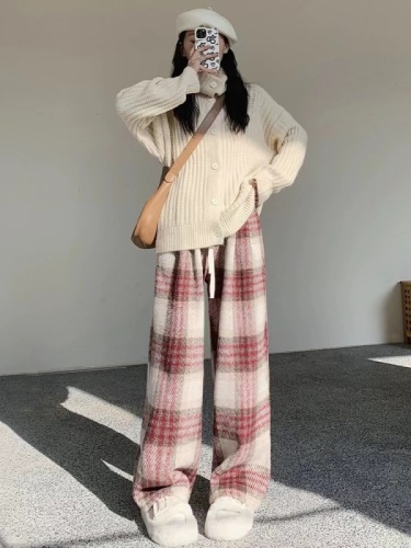 Original red plaid trousers for women spring and autumn new high-waisted loose casual narrow-edition woolen wide-leg trousers