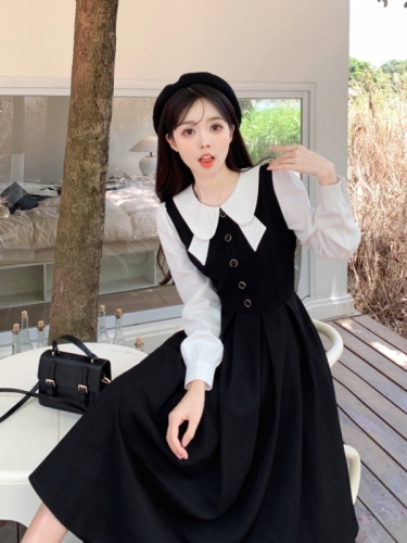 Plus size women's French high-end dress spring and autumn Korean style niche design temperament slimming fake two-piece shirt dress