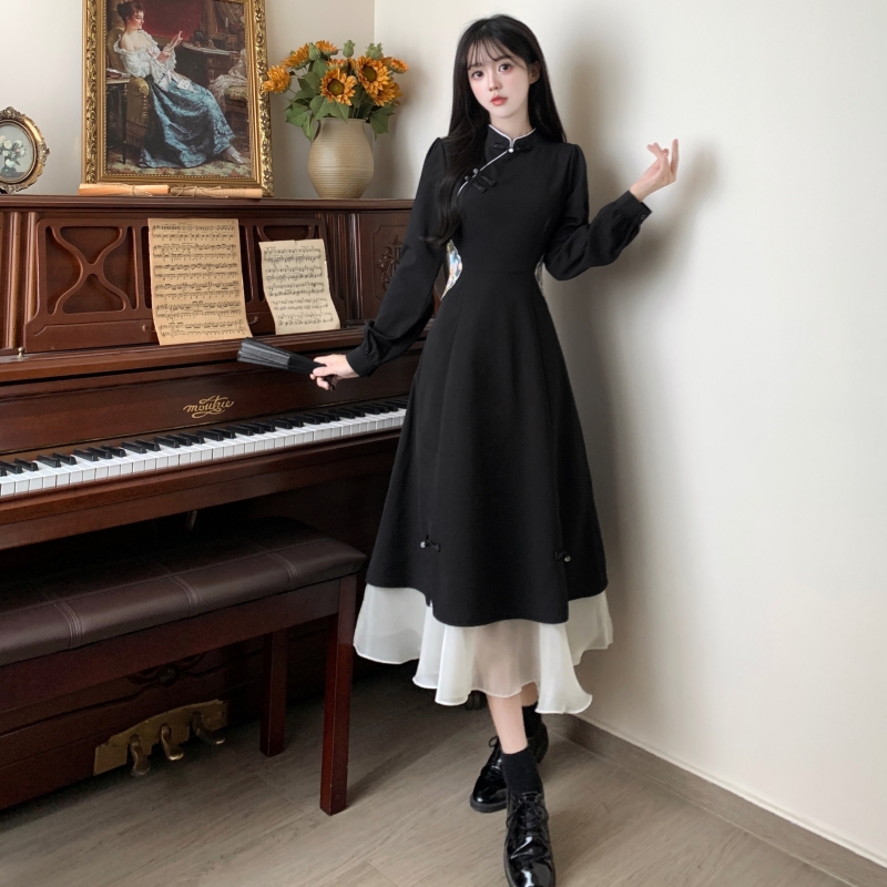 Plus size women's clothing for fat girls spring and autumn new Chinese style retro embroidery splicing improved cheongsam skirt high-end black dress