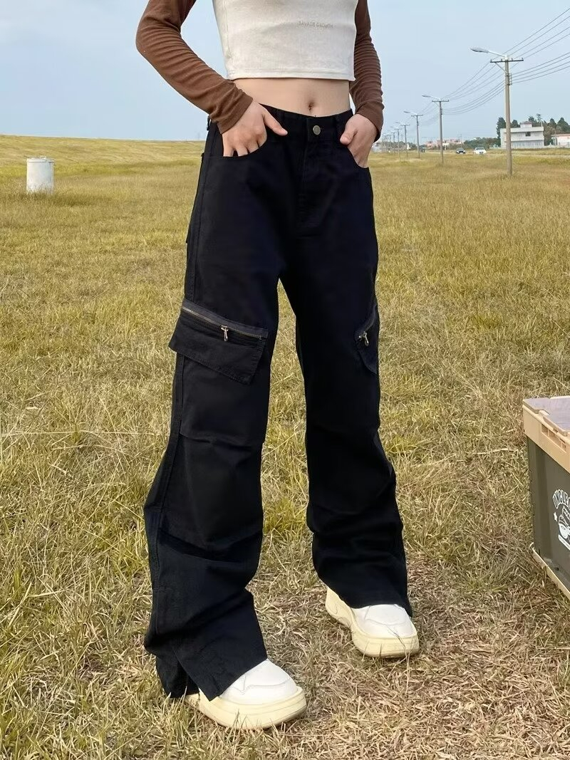 美式復古高街vibe拉鏈開叉褶皺卡其色工裝褲男ins潮直筒微喇褲子