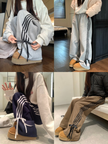 Striped four-stripe sweatpants, bow-knotted velvet casual pants, women's winter loose wide-leg pants, floor-length trousers